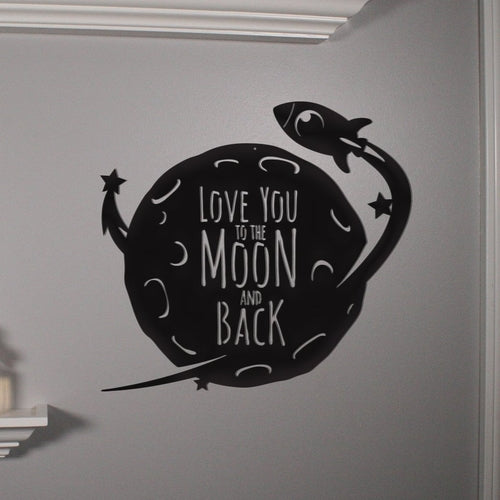 Moon and Back Rocket Metal Wall Art